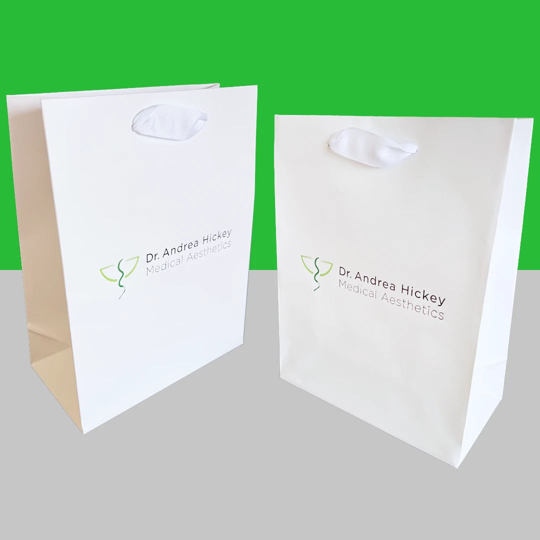 100 Bags - Custom Printed London Paper Shopping Bags Matte White 8" x 4" x 10"