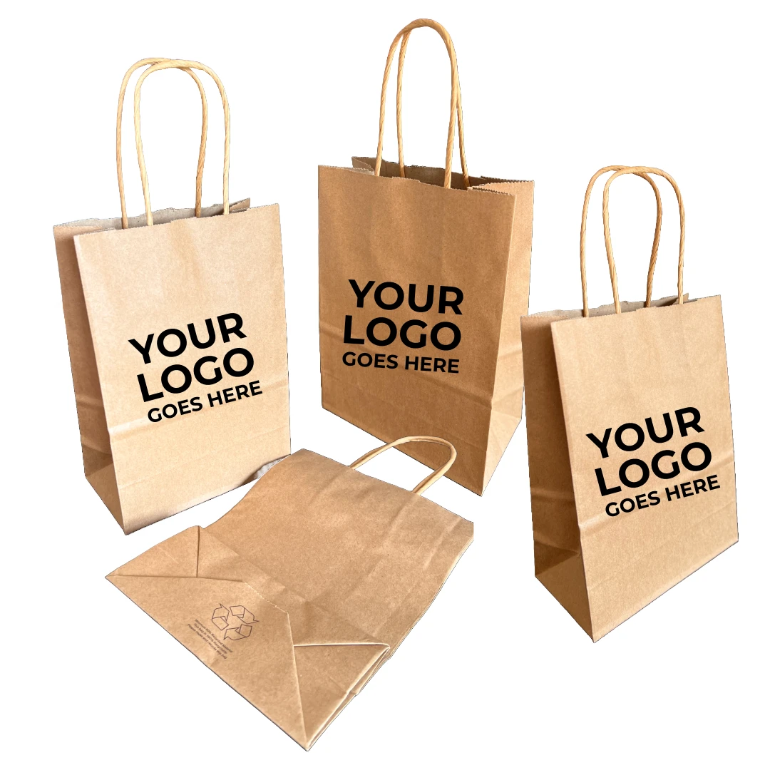 250 Bags - Branded Recycled Kraft Paper Bags - 5" x 3" x 8"