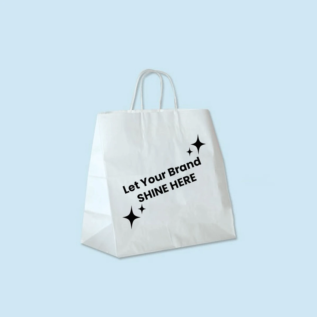 Branded White Kraft Paper Bags - 12" x 7" x 12" - 250 Bags/Case