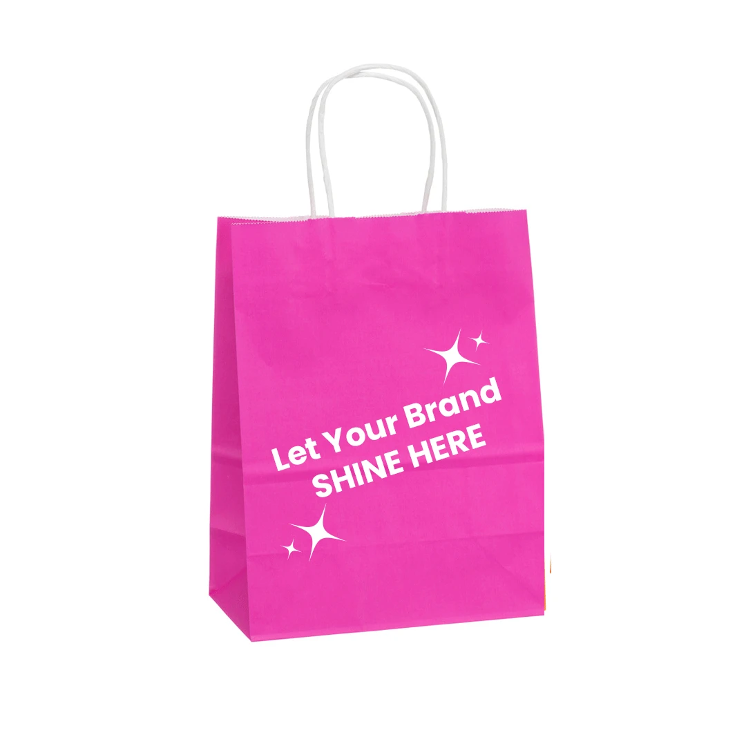 Branded Bright Pink Paper Bags - 8" x 4" x 10" - 250 Bags