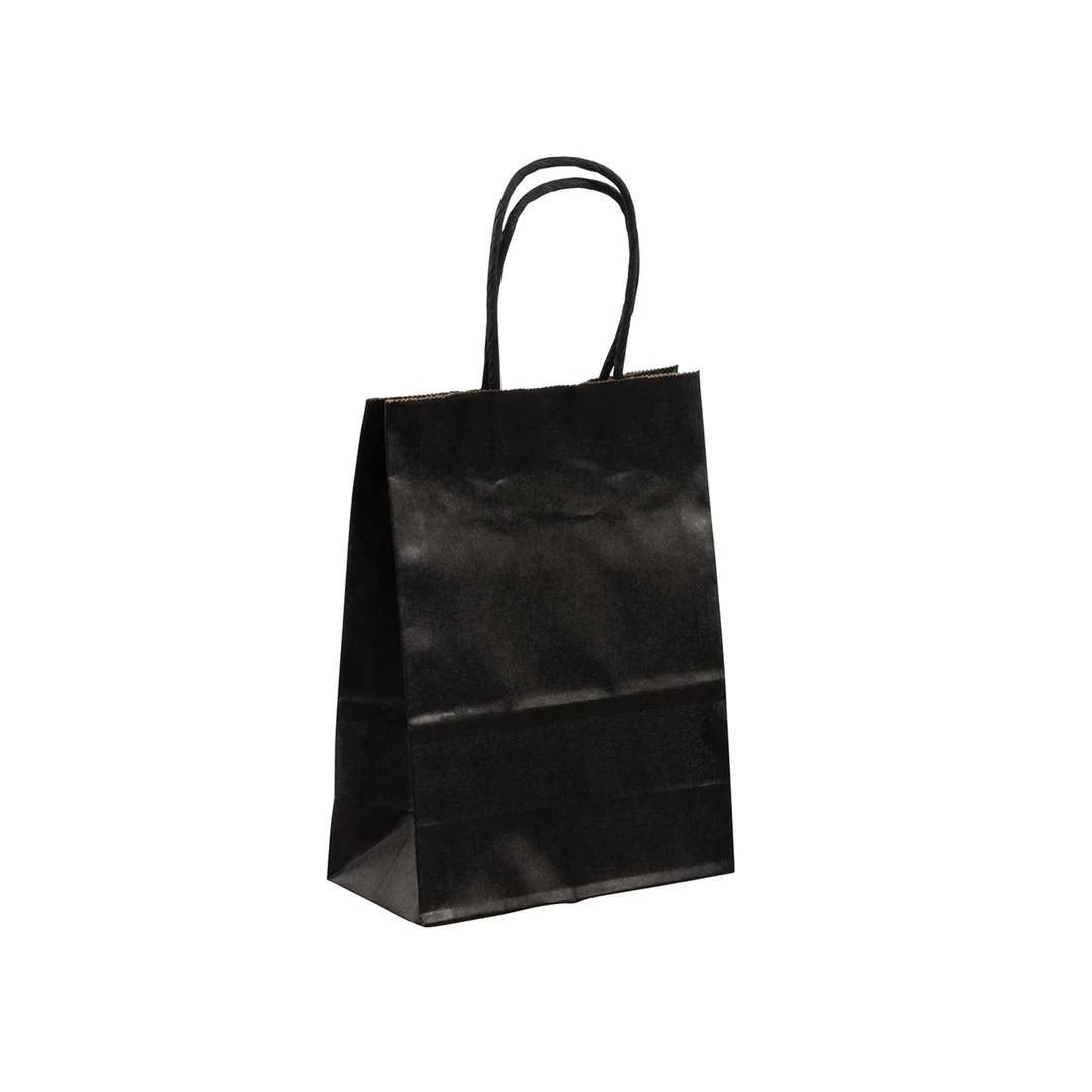 250 Bags - Custom Branded Black Paper Bags - 5" x 3" x 8"