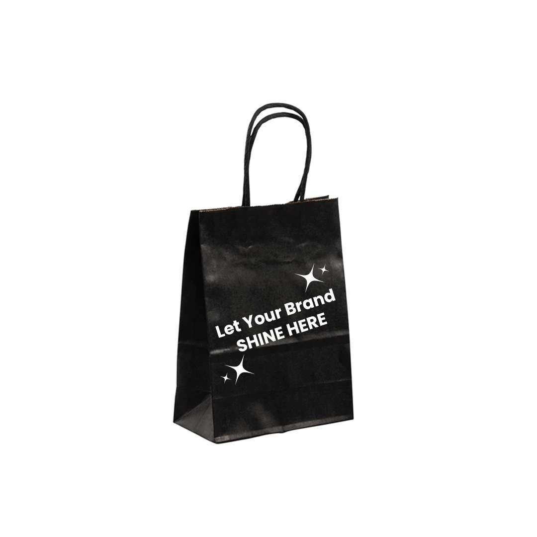 250 Bags - Custom Branded Black Paper Bags - 5" x 3" x 8"