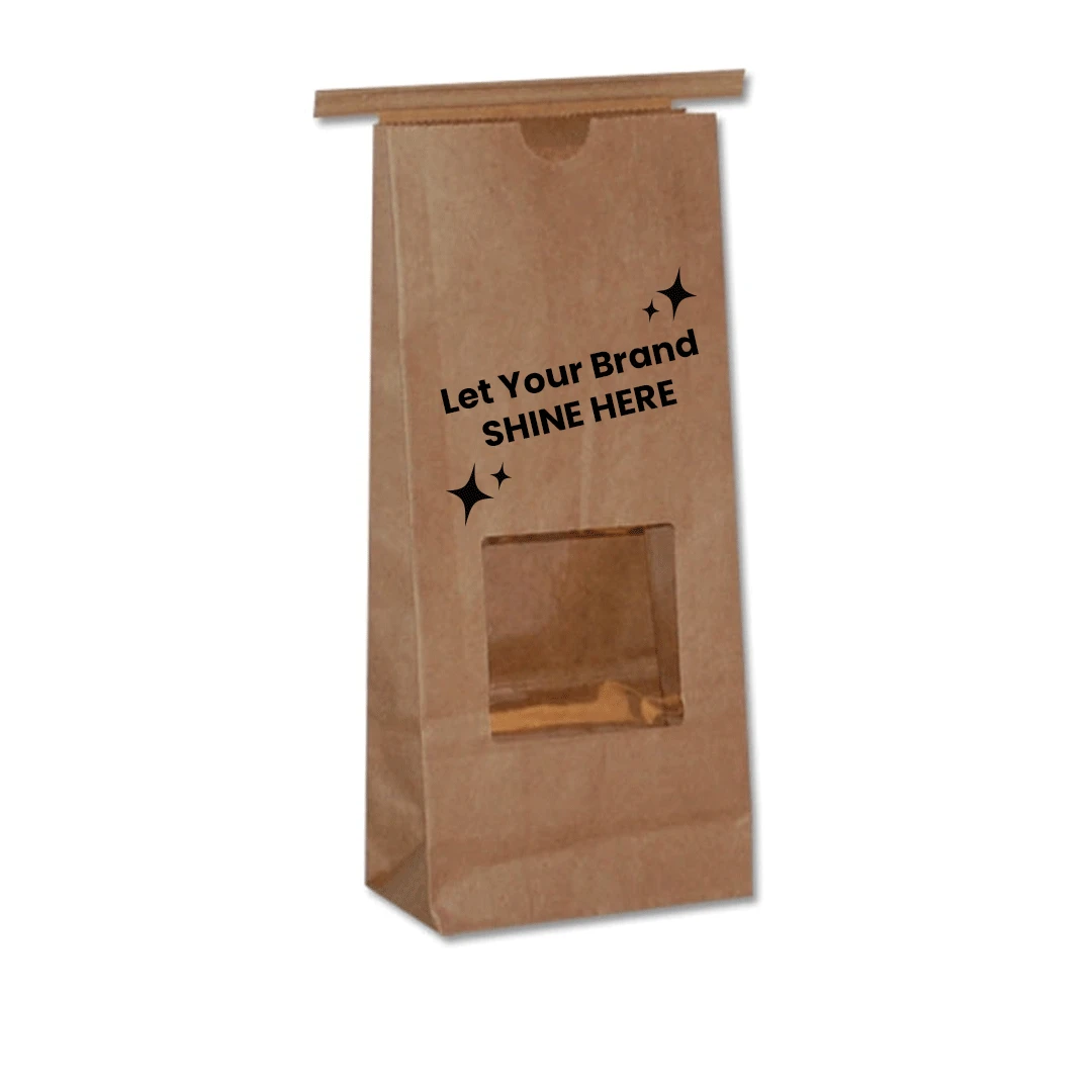 100 Bags - Branded Window Coffee - Cookie Tin Tie Bags - 1 lb. Kraft - 4-1/4" x 2-1/2"x 9-3/4"