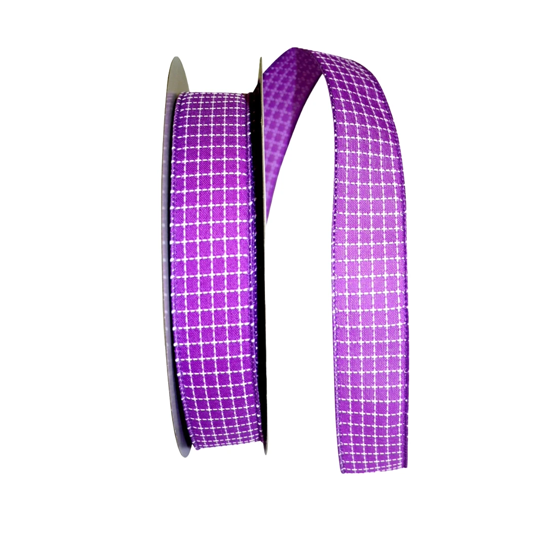50 Yards - 1.5" Purple Saddle Stitch Check Wired Ribbon