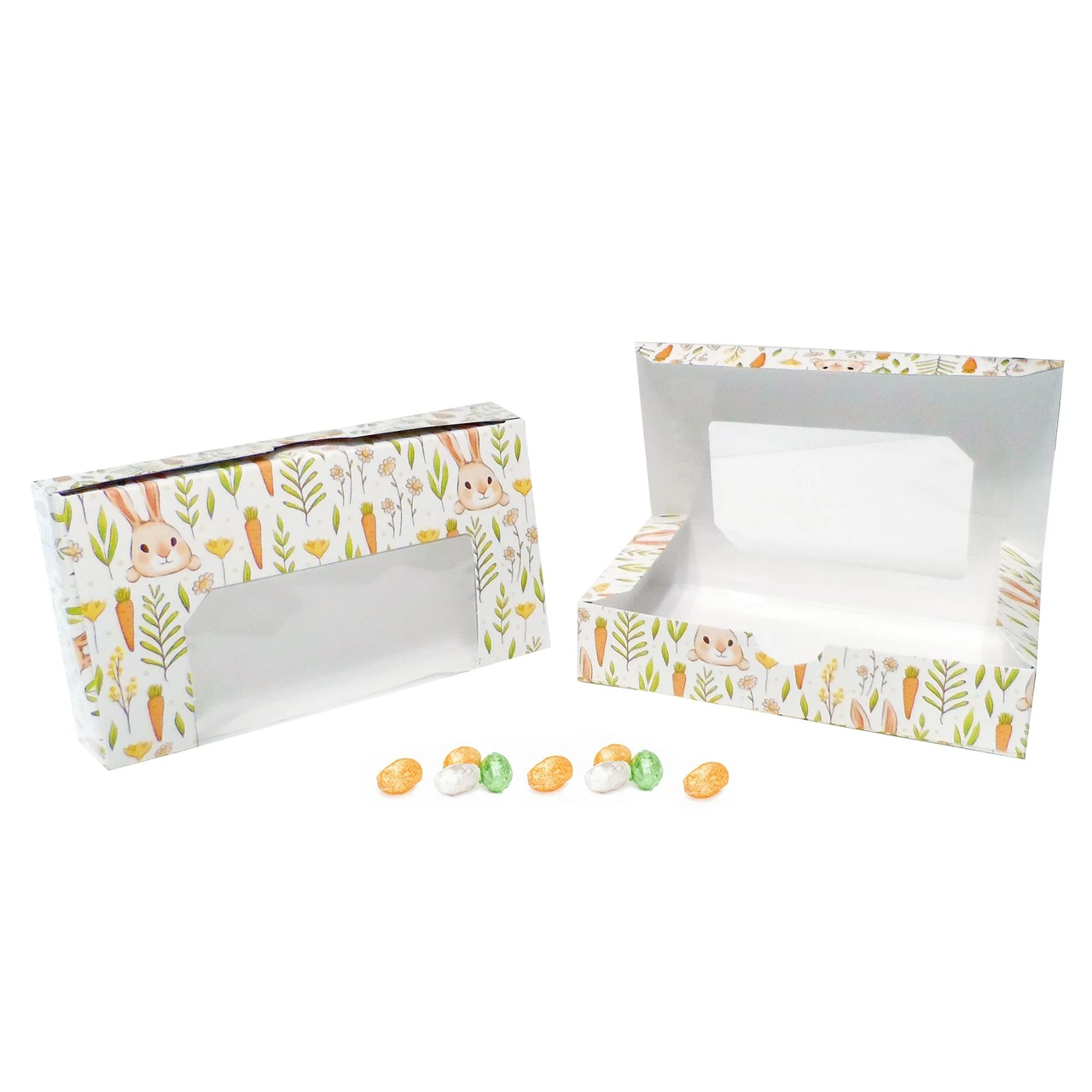 250 Boxes - 1/2 lb. Candy & Fudge Boxes with Window Bunnies & Carrots - 6" x 3-1/4" x 1-1/8"