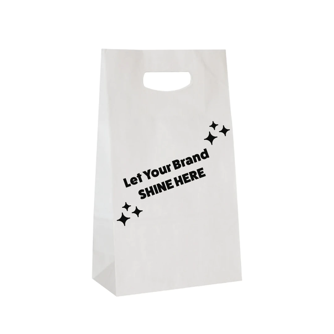 100 Bags - Branded White Kraft Accessory Bags - 8" x 4" x 13-5/8"