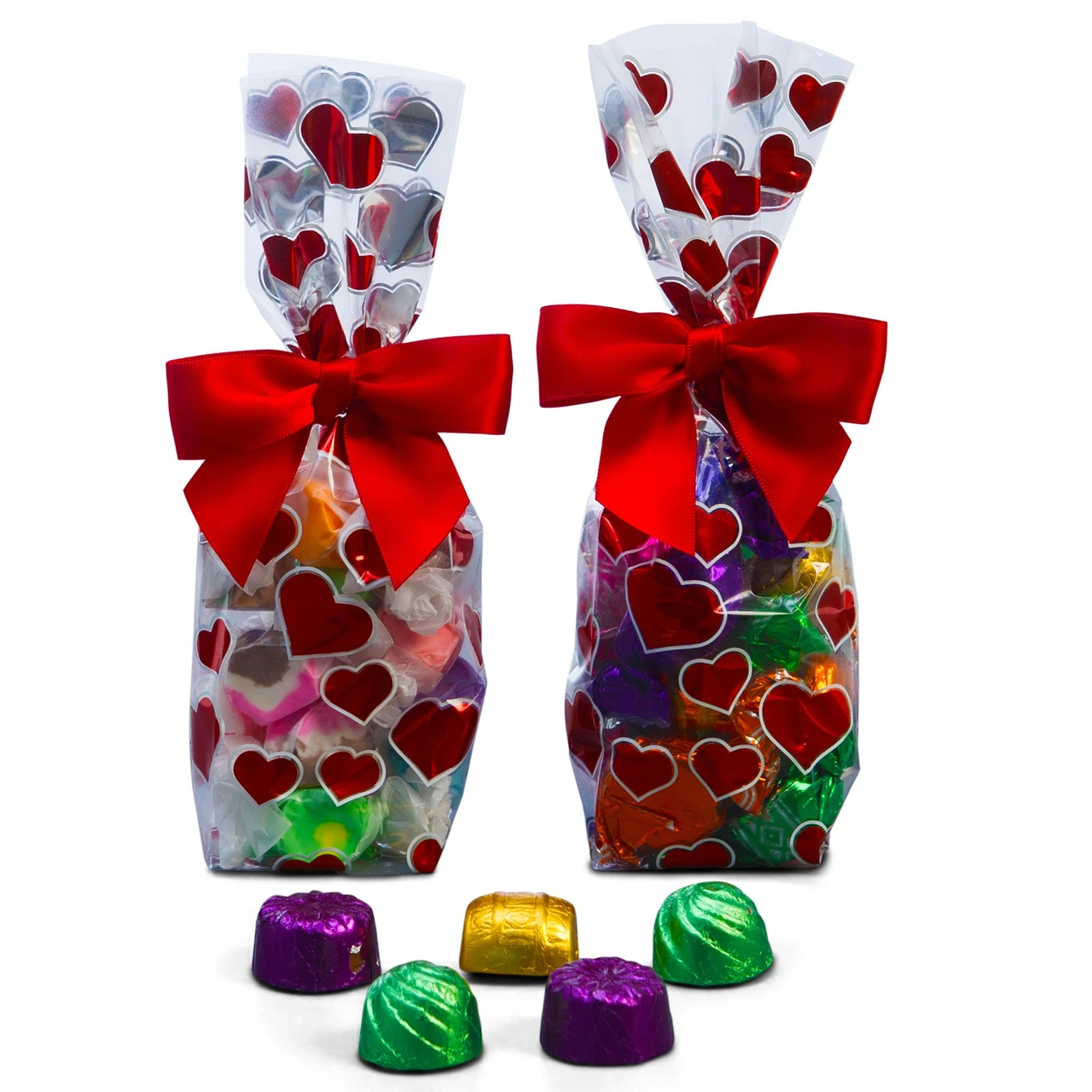 50 Bags - 1/2 lb. - 2.5 Mil Foil Accented Soft Bottom Cello Bags - Hearts