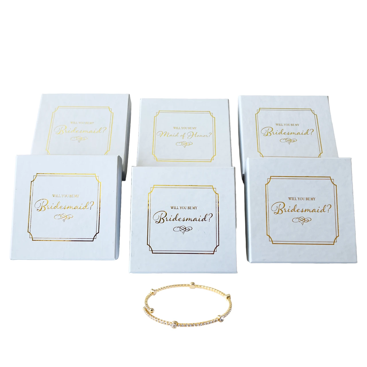 6 White Gloss Jewelry Boxes - 5 Bridesmaid & 1 Maid of Honor Proposal Boxes, Gold Foil Printing