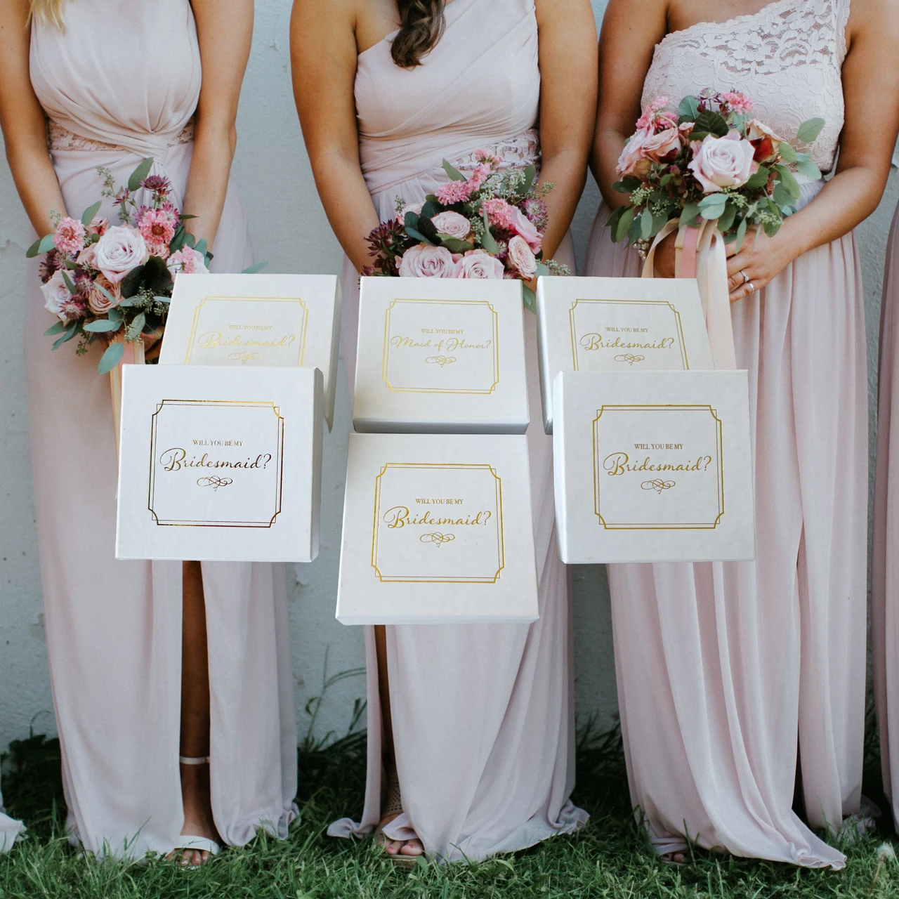 6 White Gloss Jewelry Boxes - 5 Bridesmaid & 1 Maid of Honor Proposal Boxes, Gold Foil Printing