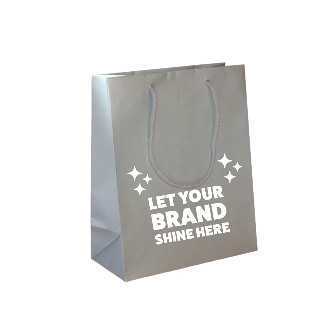 100 Bags - Custom Printed Matte Laminated Euro Paper Bags - Silver - 8" x 4" x 10"