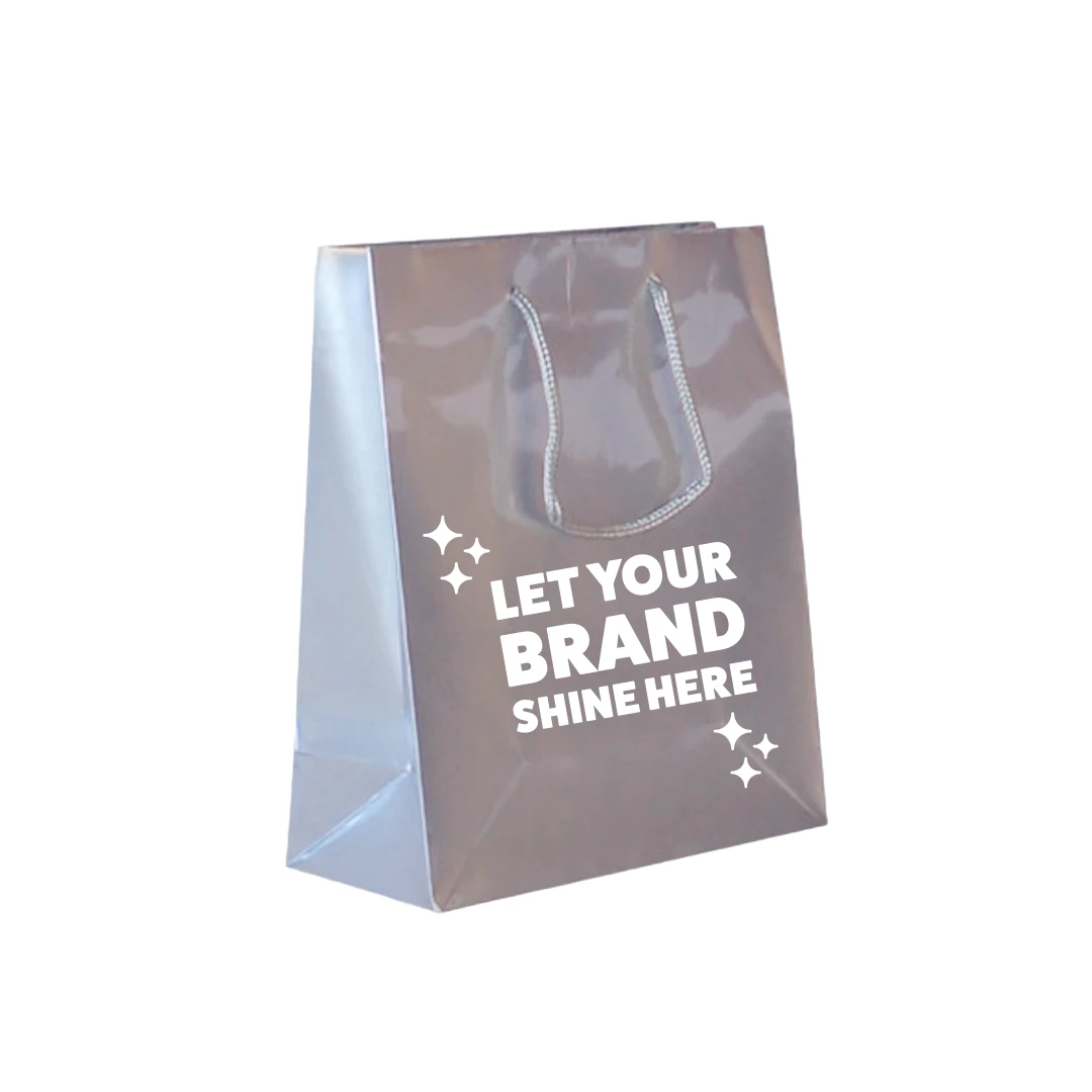 100 Bags - Custom Printed Silver Gloss Laminated Euro Paper Bags - 8" x 4" x 10"