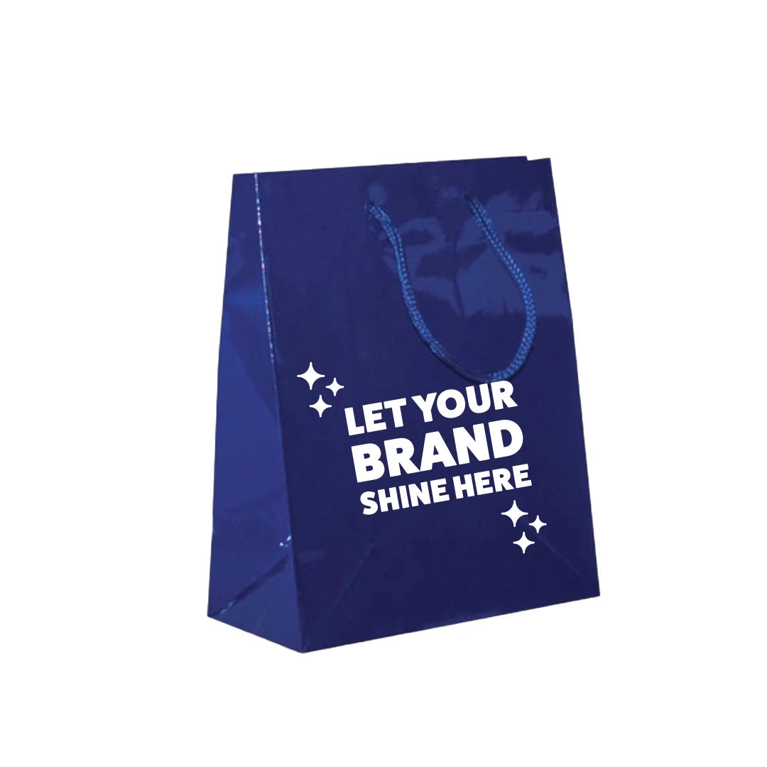 100 Bags - Custom Printed Royal Blue Gloss Laminated Euro Paper Bags - 8" x 4" x 10"