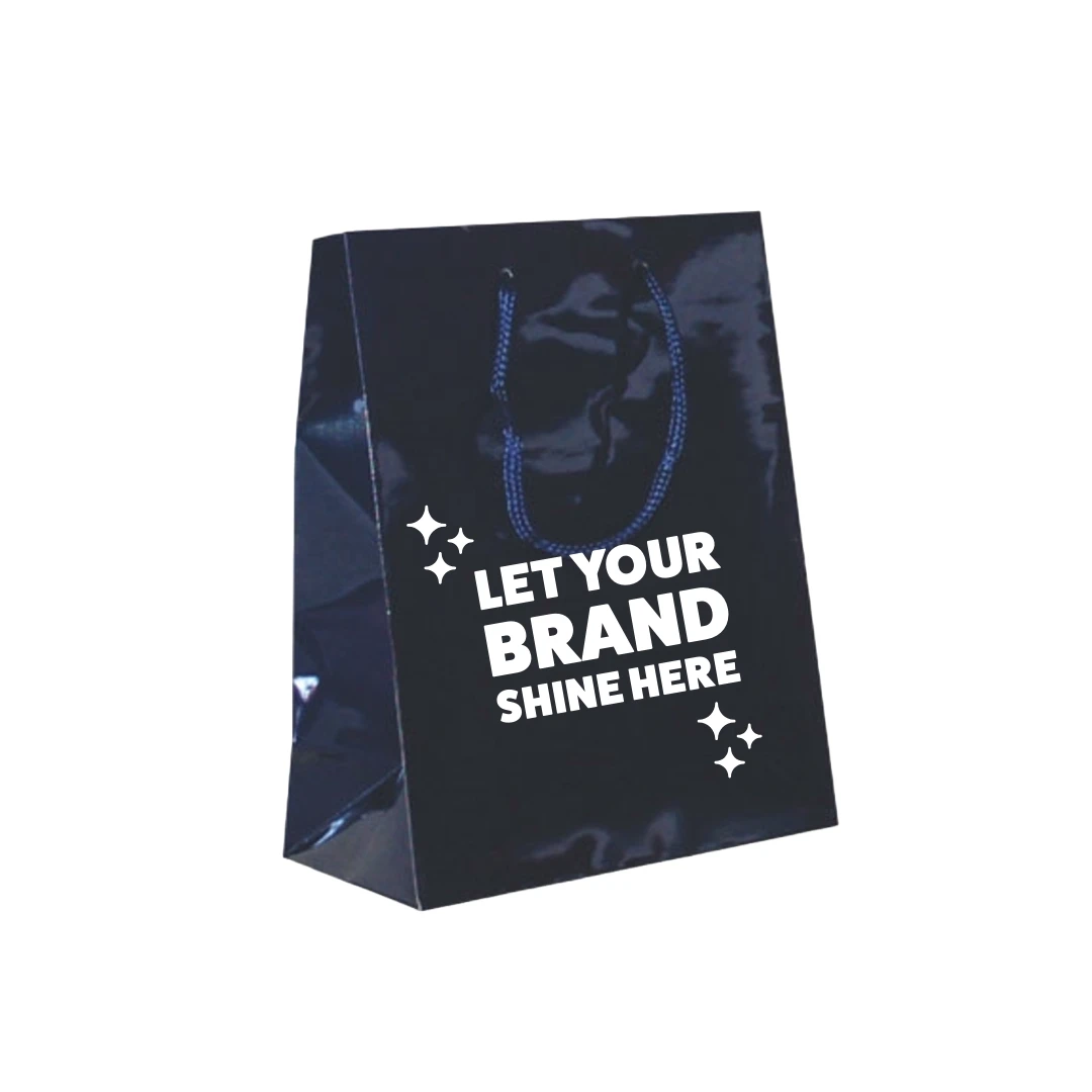 100 Bags - Custom Printed Navy Blue Gloss Laminated Euro Paper Bags - 8" x 4" x 10"