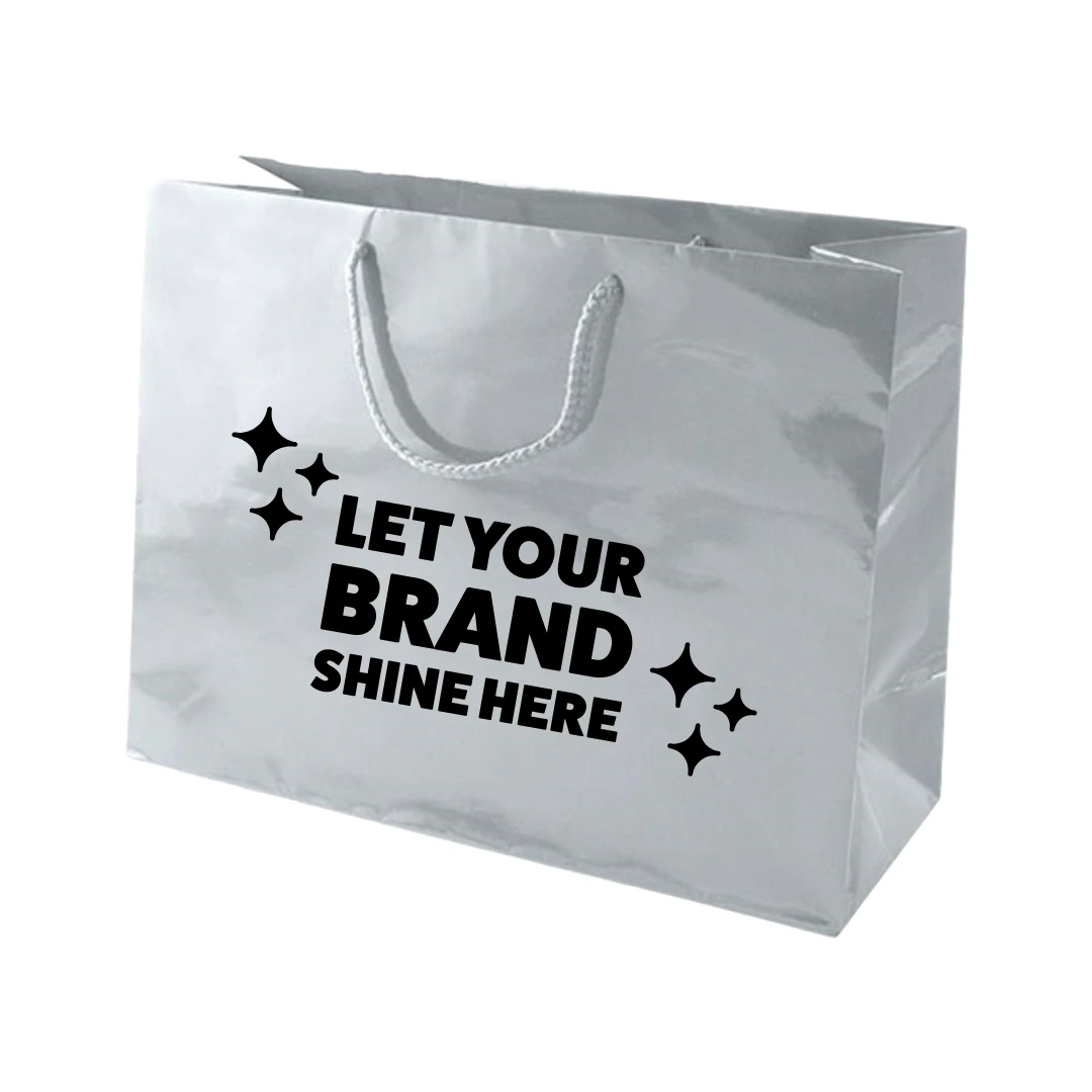 100 Bags - Custom Printed - Silver Gloss Laminated Euro Paper Bags - 13" x 5" x 10"