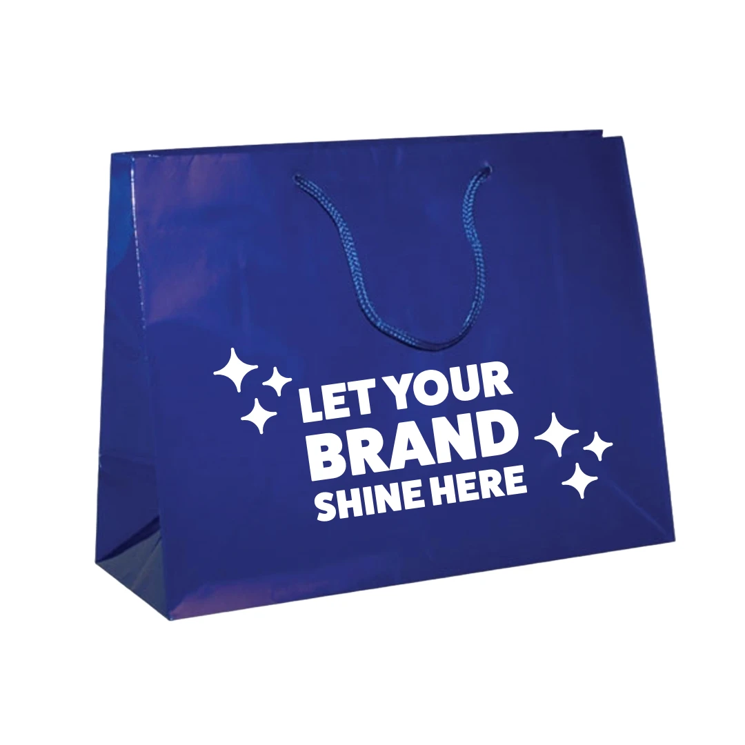 100 Bags - Custom Printed Royal Blue Gloss Laminated Euro Paper Bags - 13" x 5" x 10"