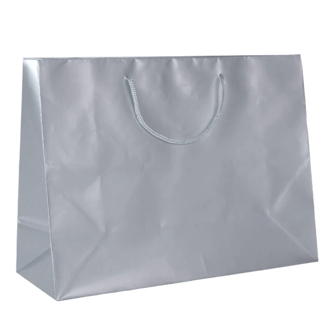 100 Bags - Custom Printed Silver Gloss Laminated Euro Paper Bags - 16" x 6" x 12"