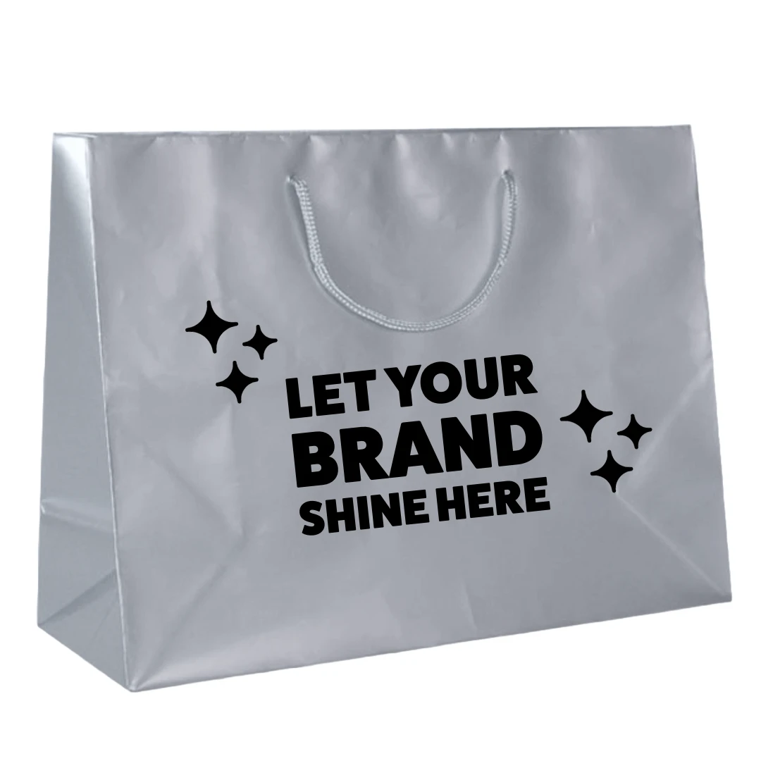 100 Bags - Custom Printed Silver Gloss Laminated Euro Paper Bags - 16" x 6" x 12"