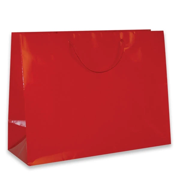 100 Bags - Custom Printed Red Gloss Laminated Euro Paper Bags - 16" x 6" x 12"