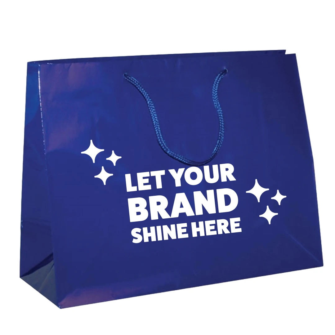 100 Bags - Custom Printed Royal Blue Gloss Laminated Euro Paper Bags - 16" x 6" x 12"