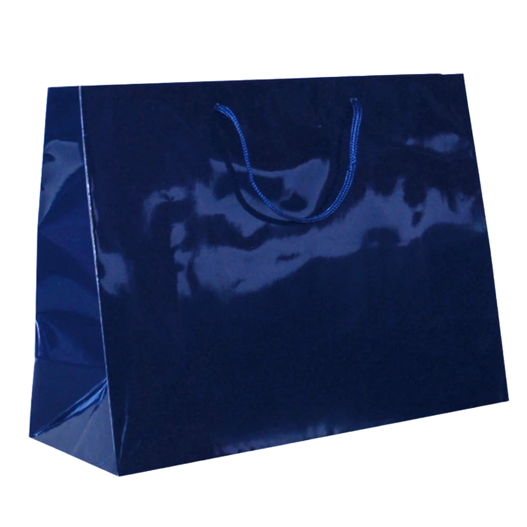 100 Bags - Custom Printed Navy Blue Gloss Laminated Euro Paper Bags - 16" x 6" x 12"