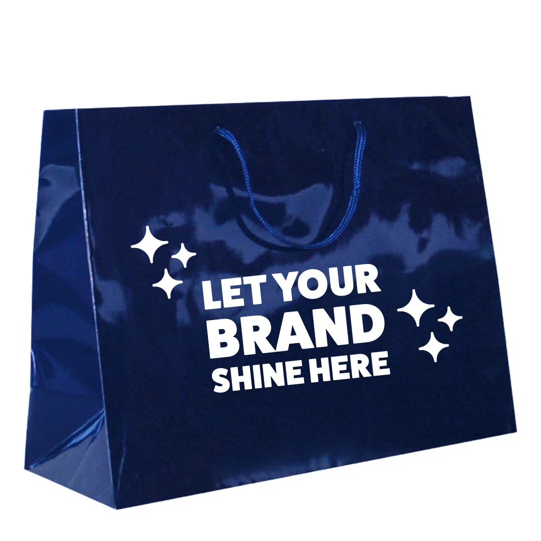 100 Bags - Custom Printed Navy Blue Gloss Laminated Euro Paper Bags - 16" x 6" x 12"