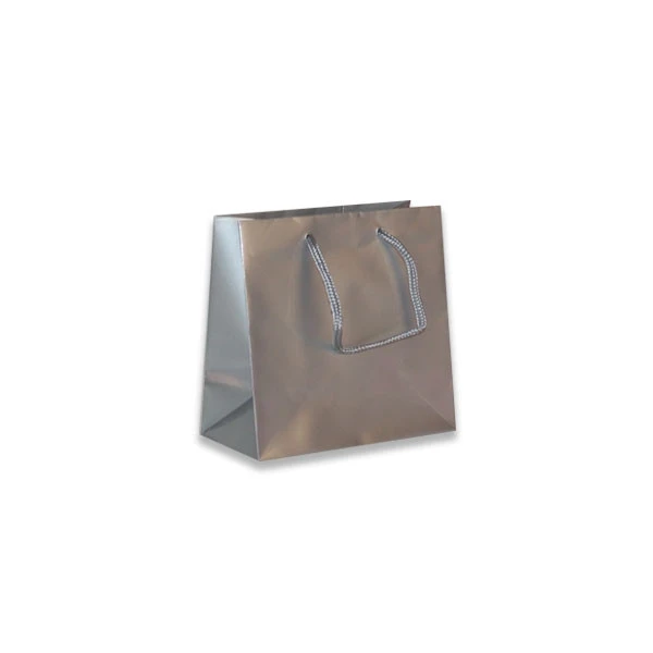 100 Bags - Custom Printed Silver Gloss Laminated Euro Paper Bags - 6-1/2" x 3-1/2" x 6-1/2"