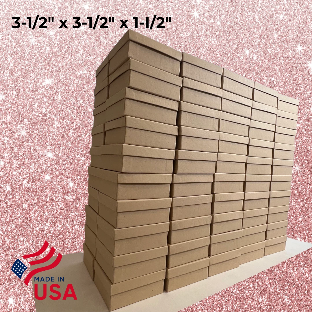 100 Boxes - Custom Printed Natural Kraft Jewelry Boxes - 3-1/2" x 3-1/2" x 1-1/2"