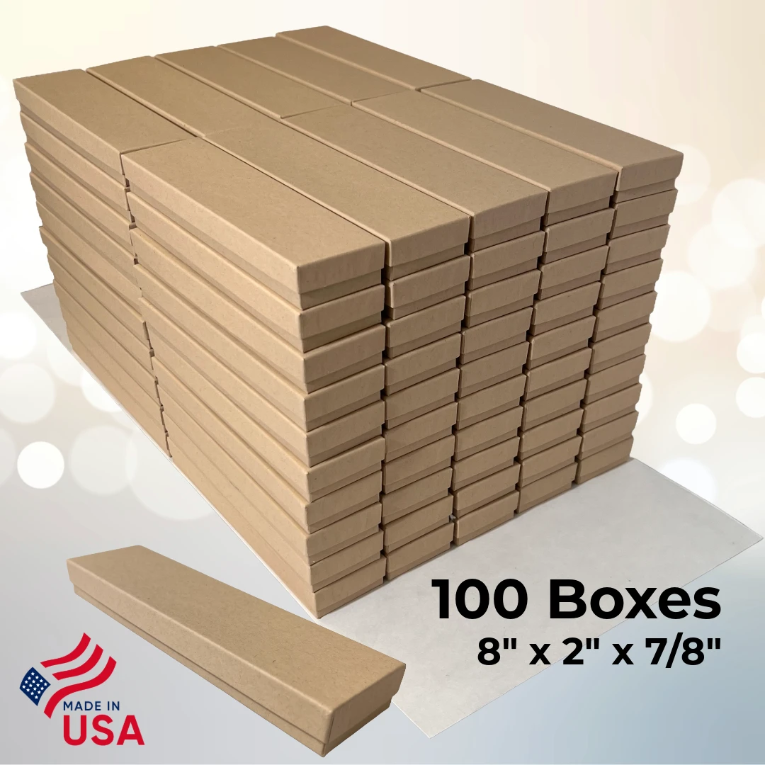 100 Boxes - Custom Printed Natural Kraft Jewelry Boxes - 8" x 2" x 7/8"
