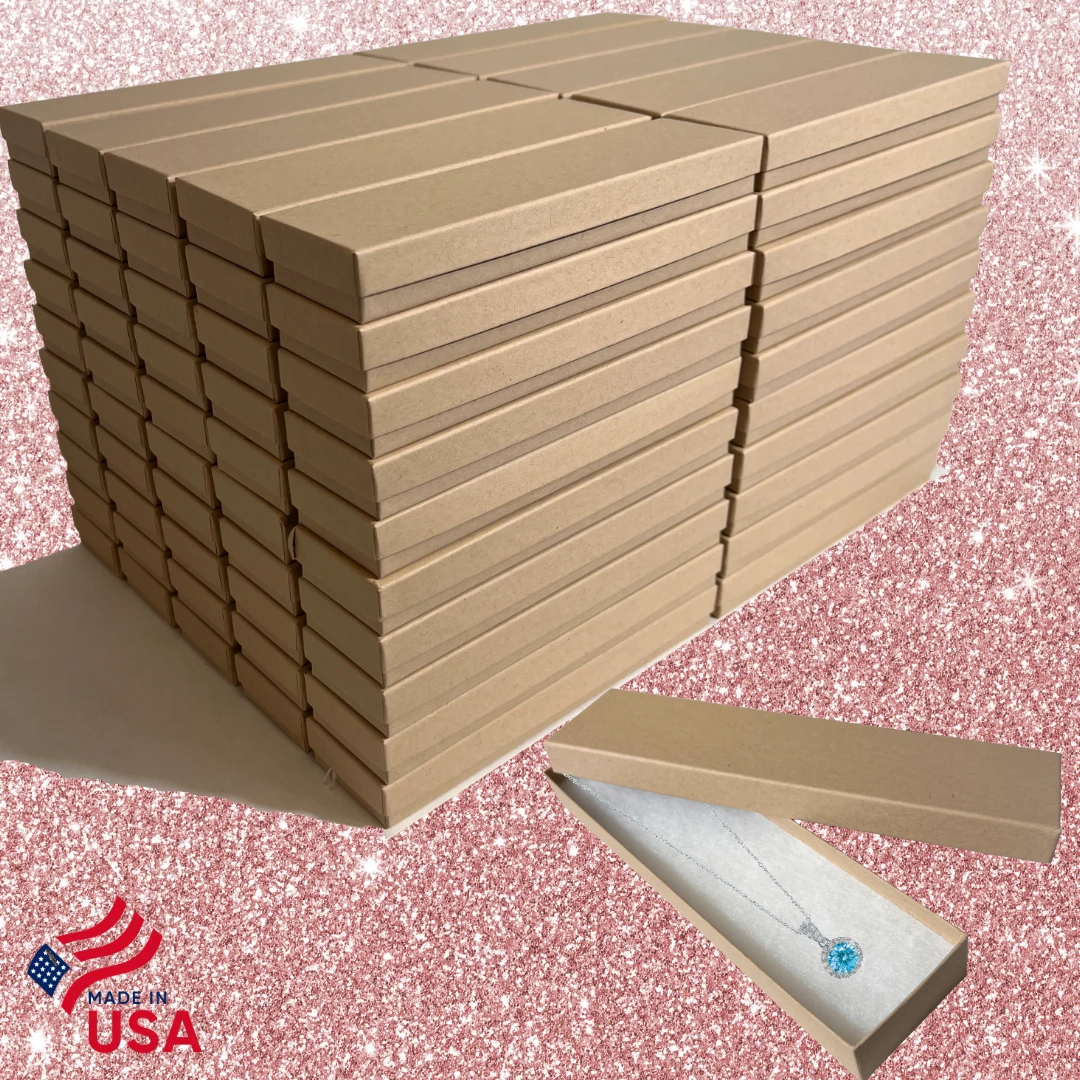 100 Boxes - Custom Printed Natural Kraft Jewelry Boxes - 8" x 2" x 7/8"