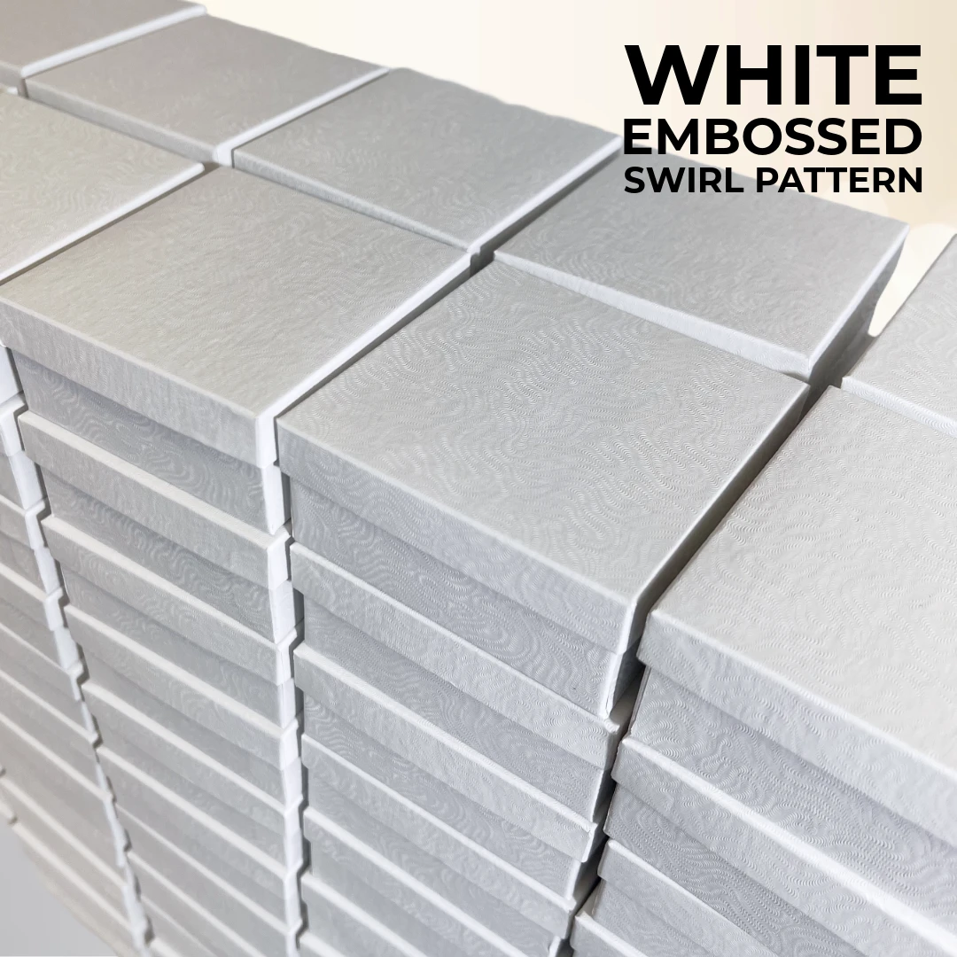 100 Boxes - Custom Printed White Swirl Embossed Jewelry Boxes