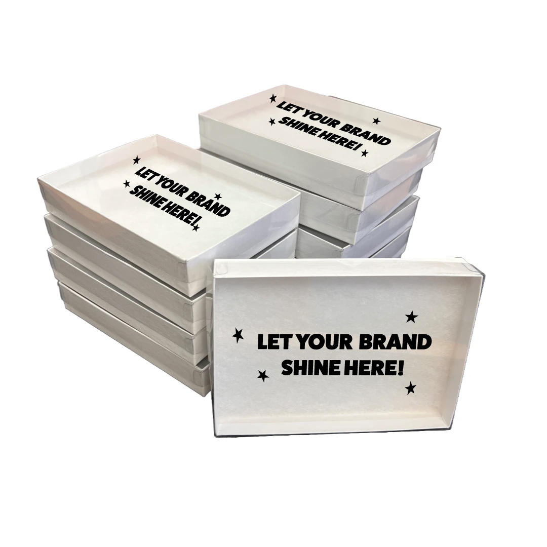 100 Boxes - Custom Printed Clear Top White Swirl Embossed Base Jewelry Boxes - 7" x 5" x 1-1/4"
