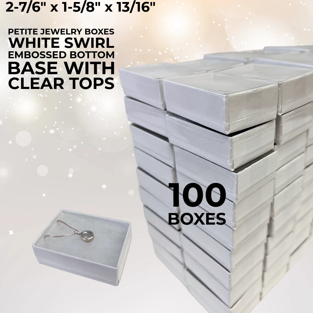 100 Boxes - Custom Printed Clear Top with White Swirl Embossed Base Jewelry Boxes - 2-7/16" x 1-5/8" x 13/16"