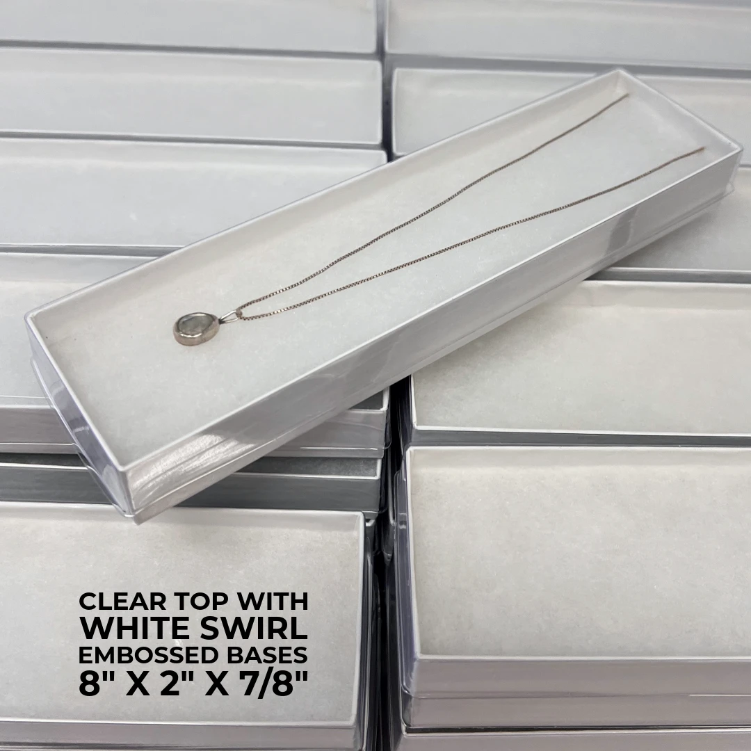 100 Boxes - Custom Printed Clear Top with White Embossed Base Jewelry Boxes - 8" x 2" x 7/8"
