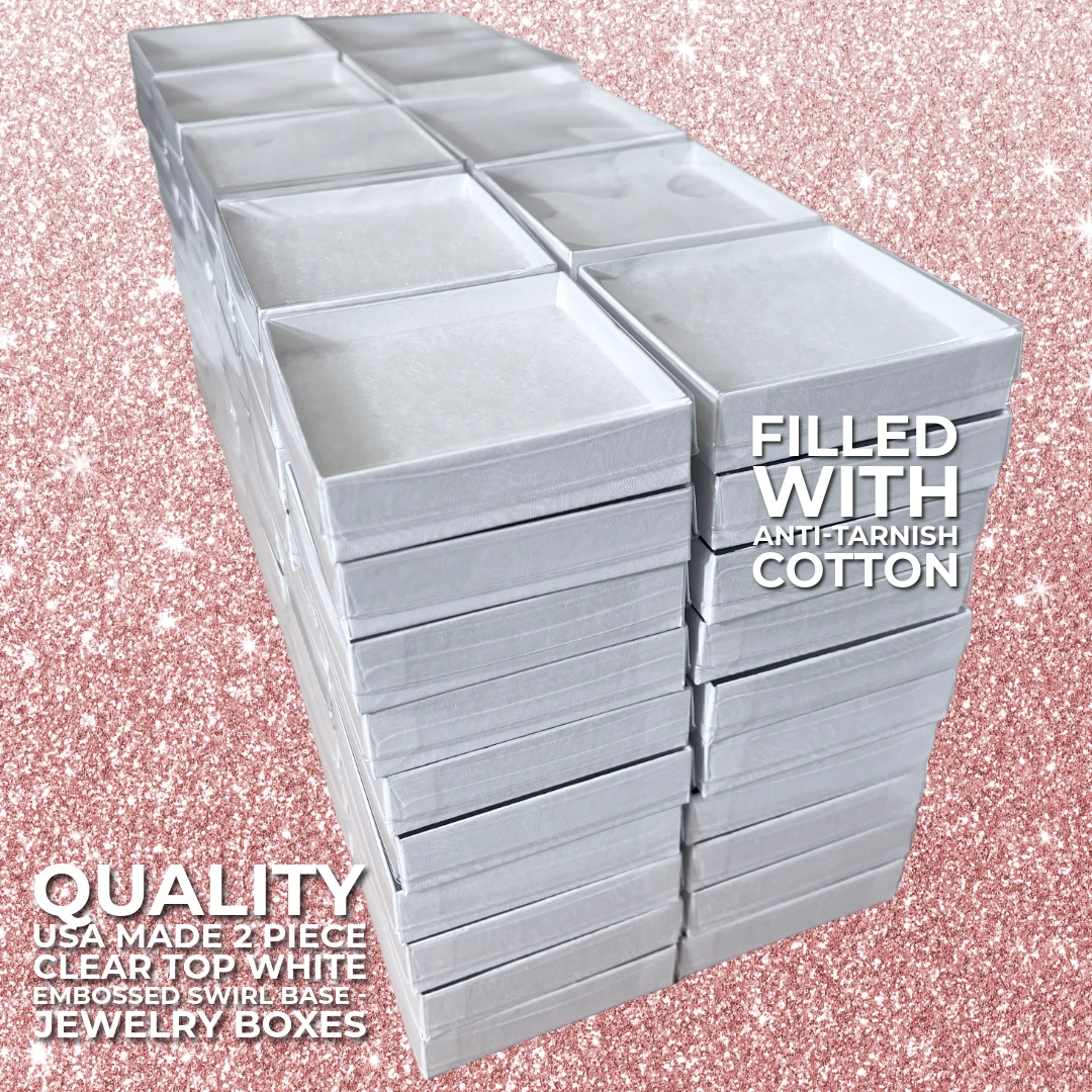100 Boxes - Custom Printed Clear Top with White Embossed Base Jewelry Boxes - 3-1/2" x 3-1/2" x