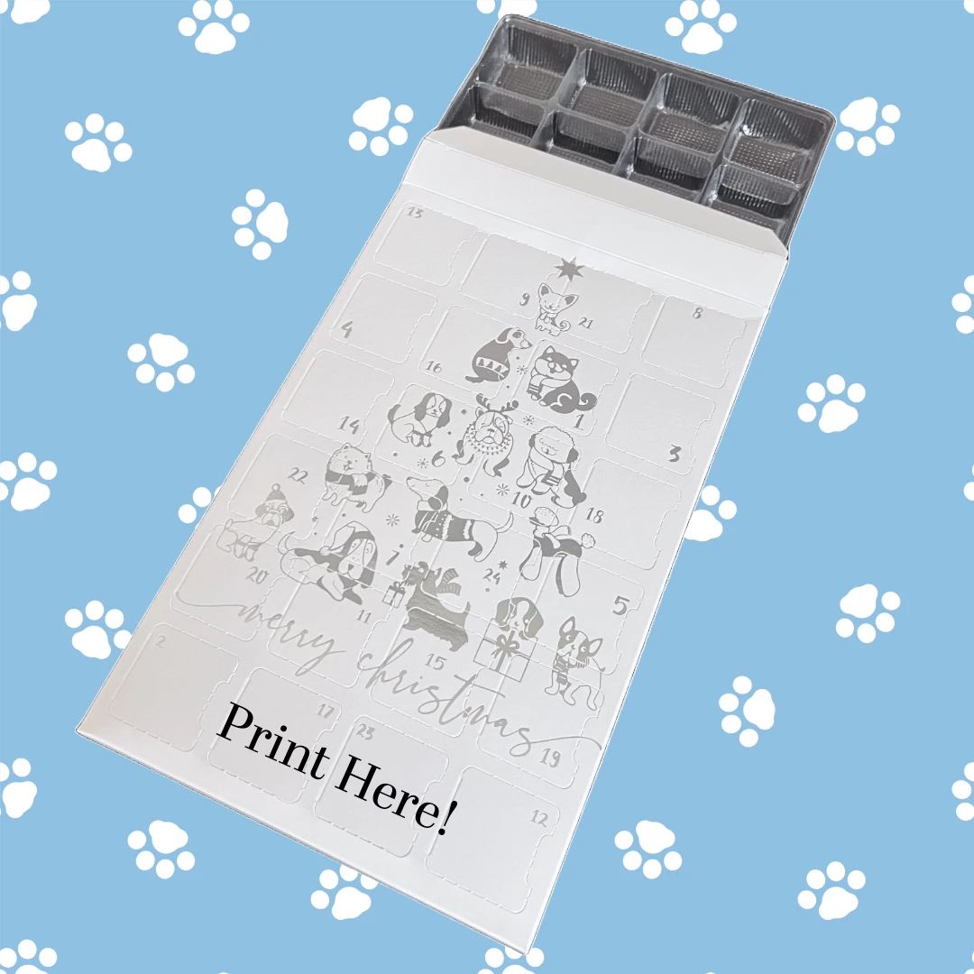 100 Custom Printed Sets (Boxes & Trays) - Fillable (Empty) Advent Calendar Boxes - Silver Metallic Dog Tree