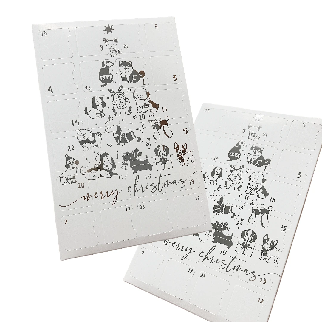 100 Custom Printed Sets (Boxes & Trays) - Fillable (Empty) Advent Calendar Boxes - Silver Metallic Dog Tree