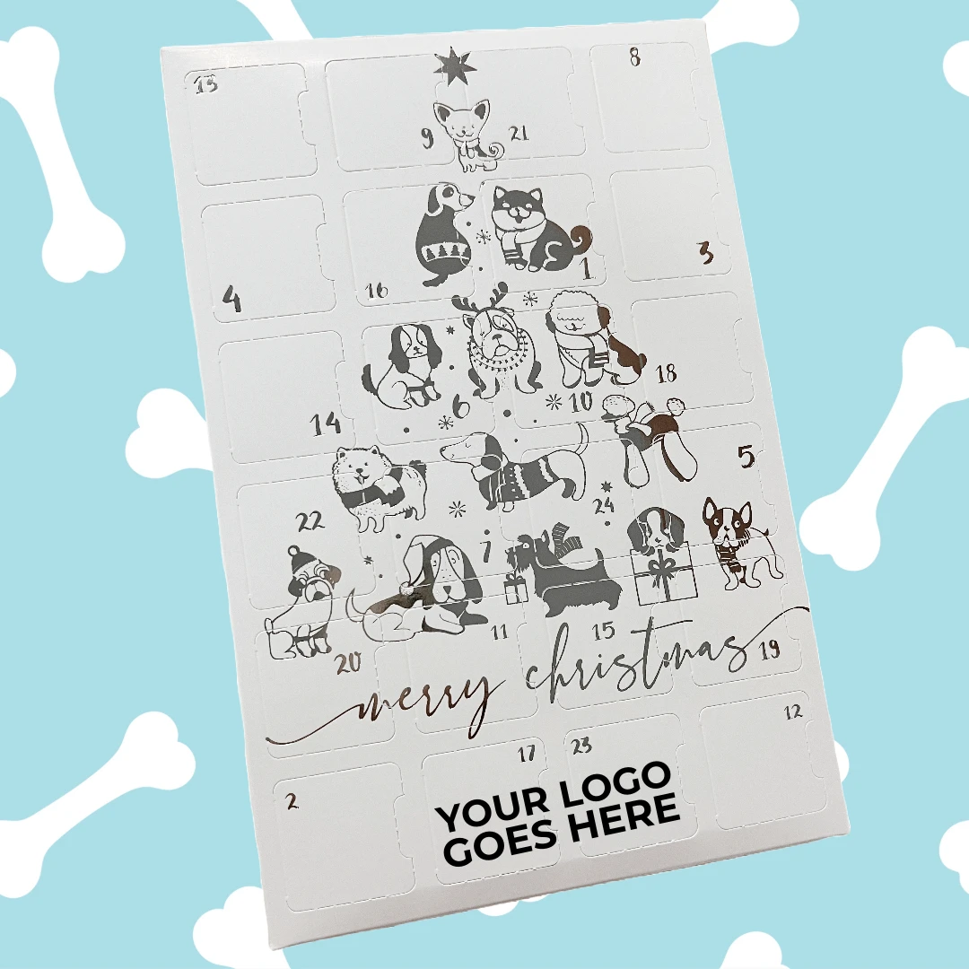 100 Custom Printed Sets (Boxes & Trays) - Fillable (Empty) Advent Calendar Boxes - Silver Metallic Dog Tree