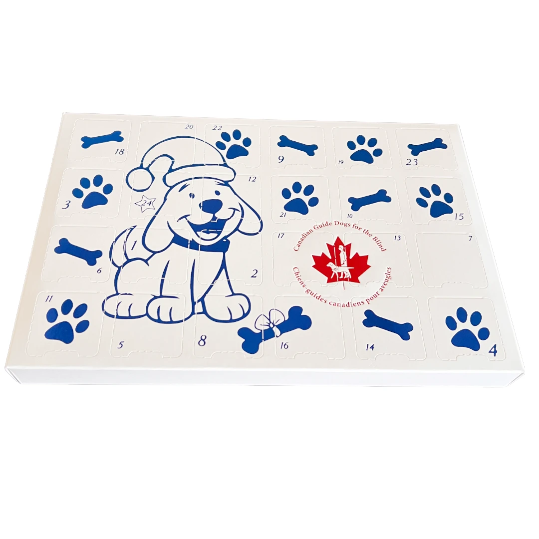 100 Custom Printed Sets (Boxes & Trays) - Fillable (Empty) Advent Calendar Boxes - Blue Metallic Festive Dog