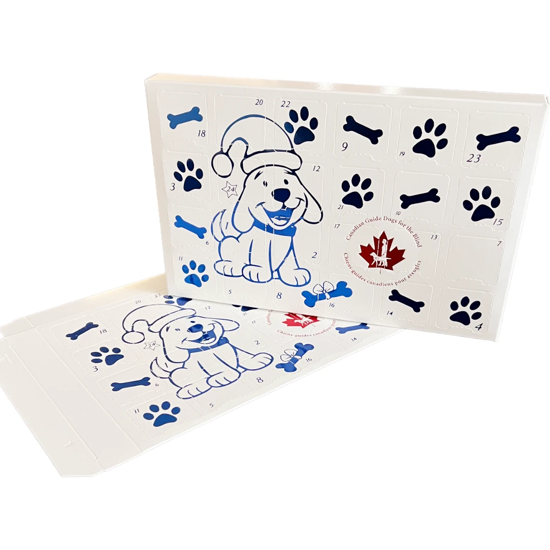 100 Custom Printed Sets (Boxes & Trays) - Fillable (Empty) Advent Calendar Boxes - Blue Metallic Festive Dog
