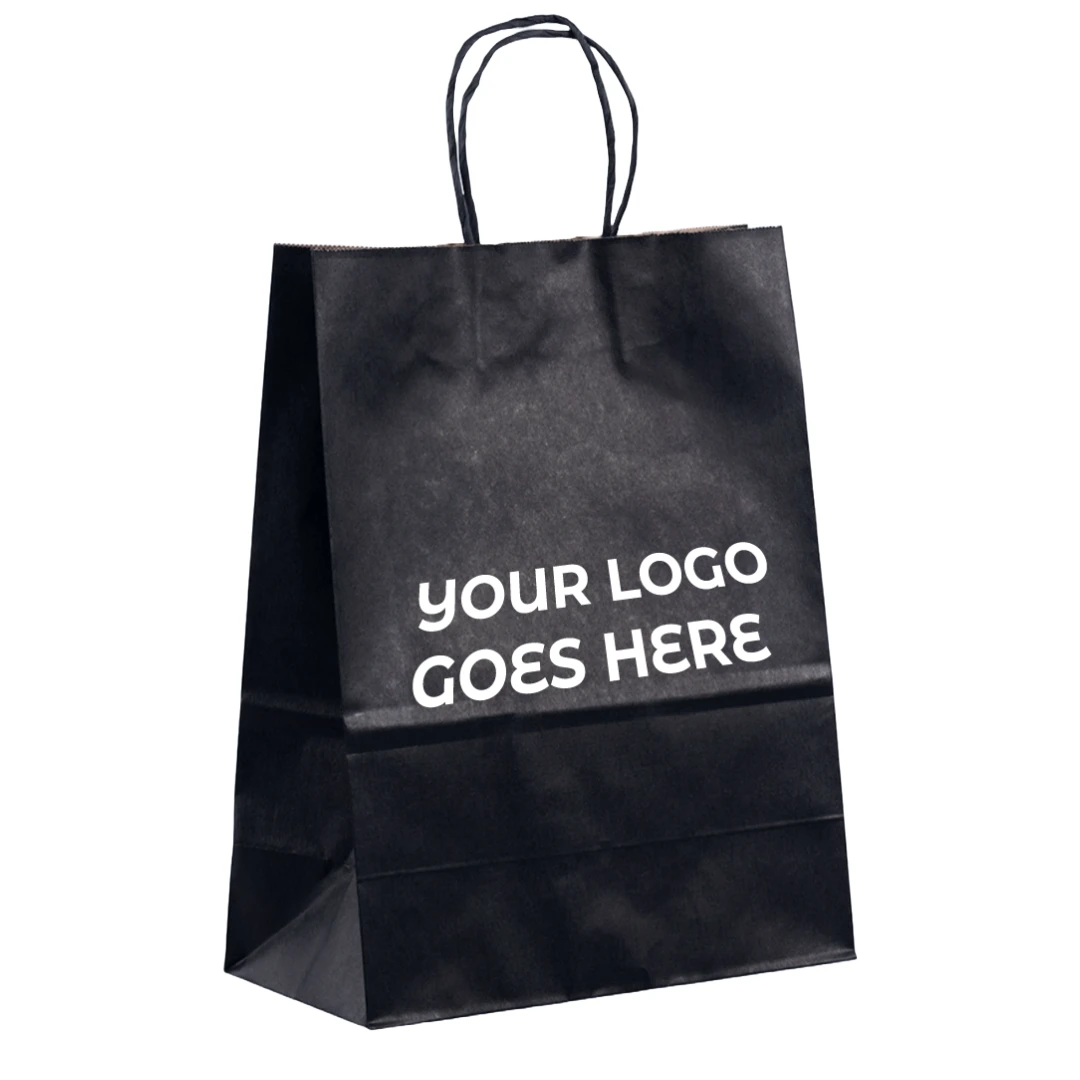 250 Bags - Custom Branded Black Paper Bags - 10" x 5" x 13"