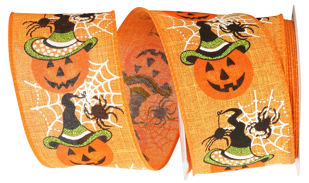 Jack-O-Lantern Linen Wired Ribbon 2.5" x 10 Yards per roll