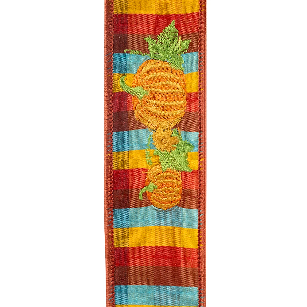 Deluxe Plaid Pumpkin Embroidered Wired Ribbon 1.5" x 5 Yards per roll