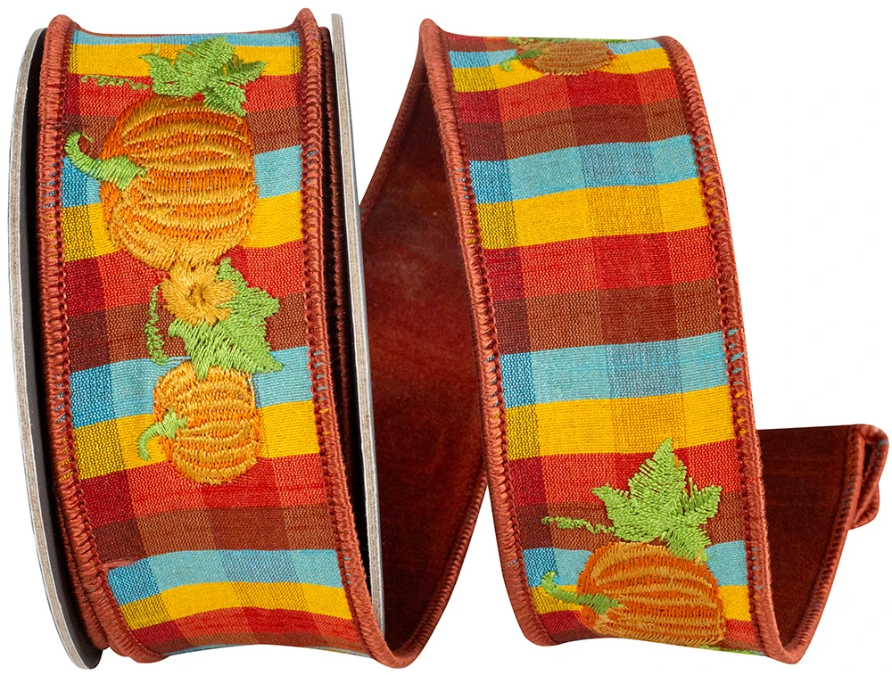 Deluxe Plaid Pumpkin Embroidered Wired Ribbon 1.5" x 5 Yards per roll