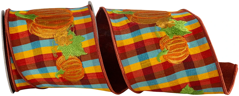 Deluxe Plaid Pumpkin Embroidered Wired Ribbon 4" x 5 Yards per roll