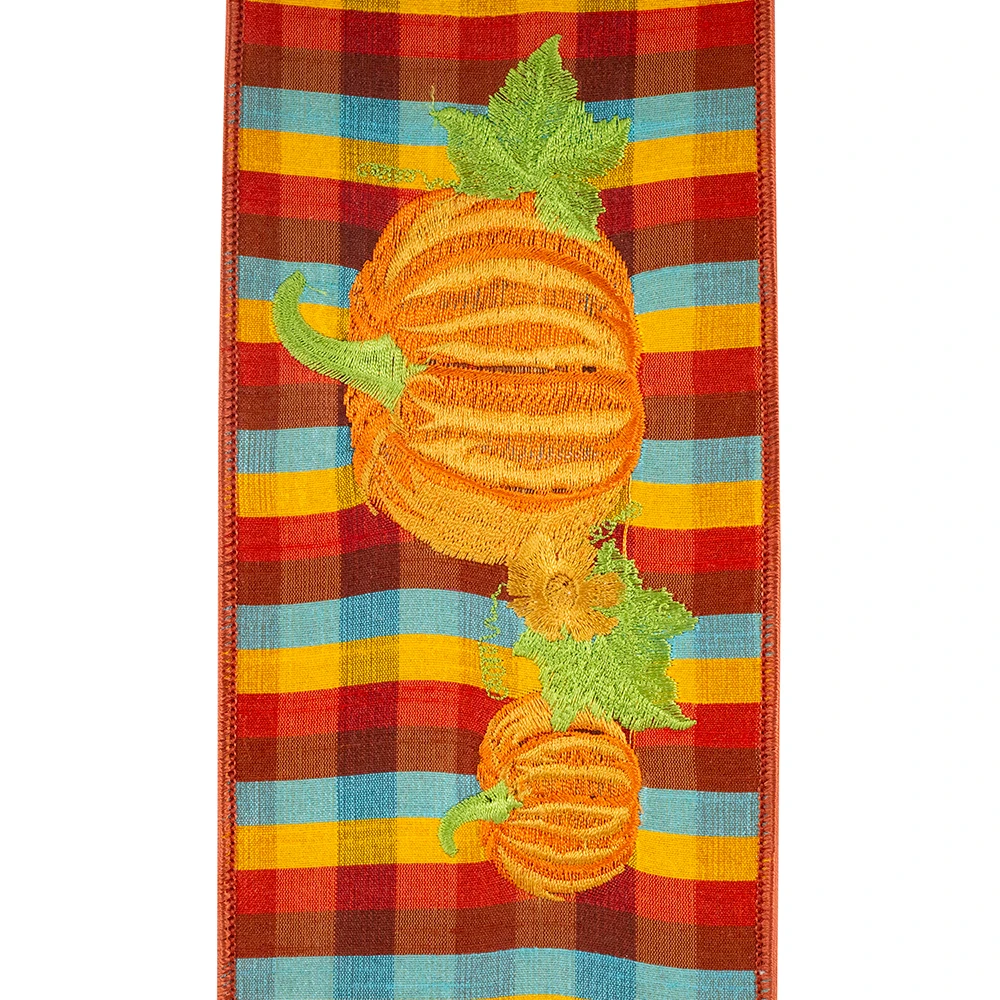 Deluxe Plaid Pumpkin Embroidered Wired Ribbon 4" x 5 Yards per roll