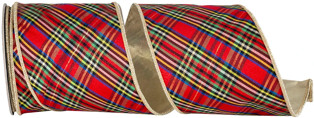 4" x 10 yards Diagonal Tartan Wired Ribbon with Gold Backing