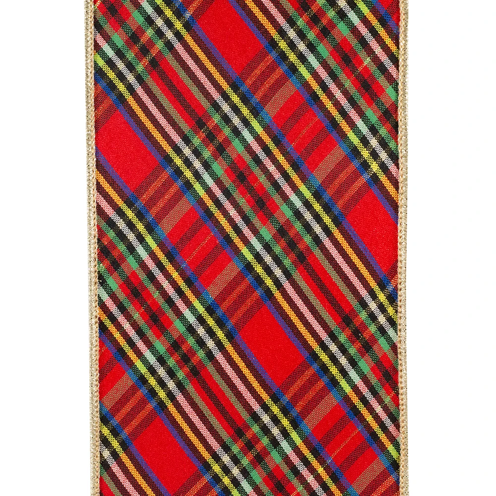 4" x 10 yards Diagonal Tartan Wired Ribbon with Gold Backing