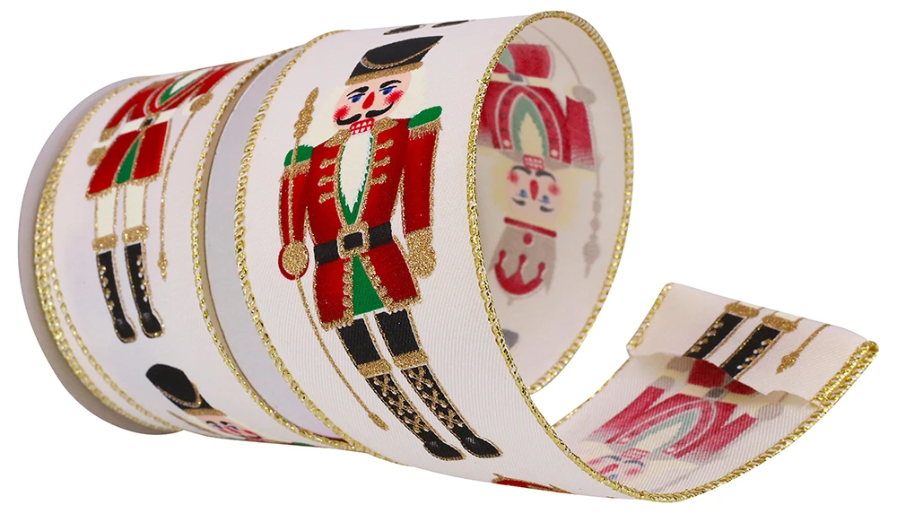 2.5" x 10 yards Nutcracker Wired Ribbon with Ivory Background