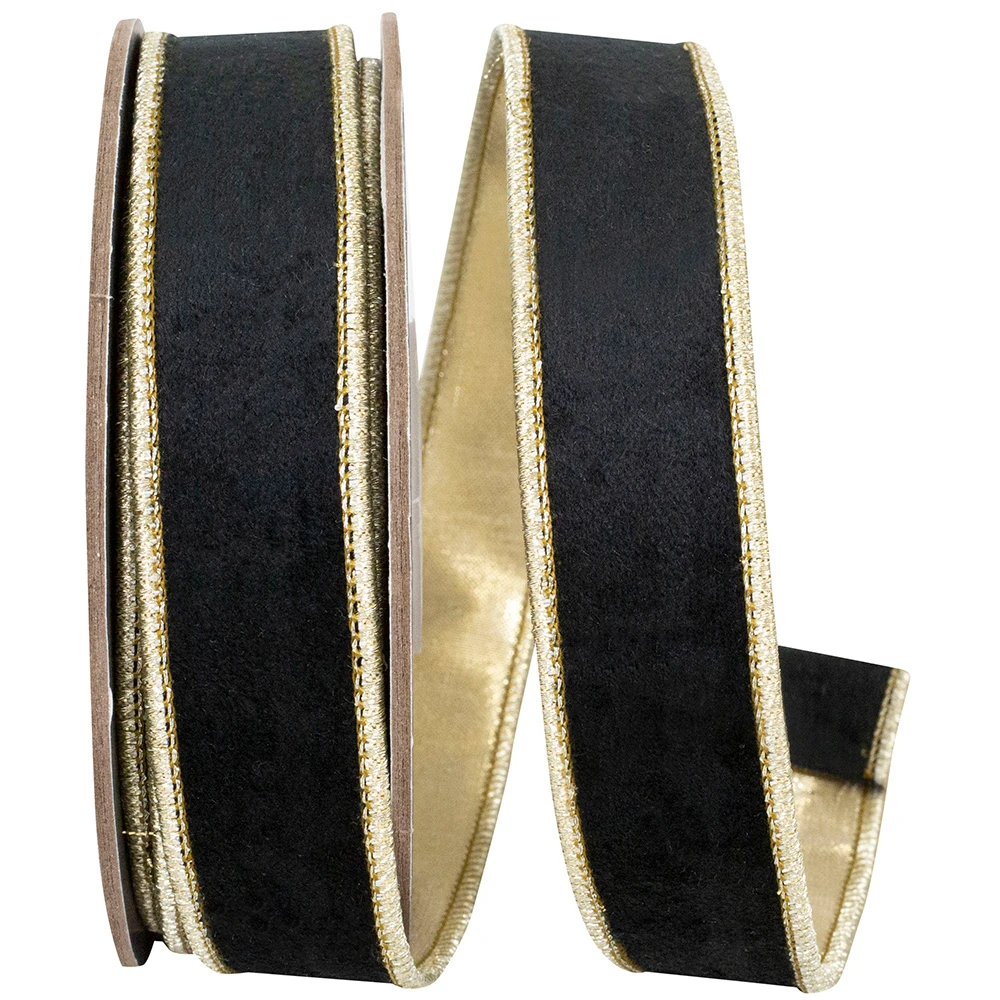 Black & Gold Backing Velvet Touch Deluxe Dupioni Wired Ribbon 1" x 5 Yards