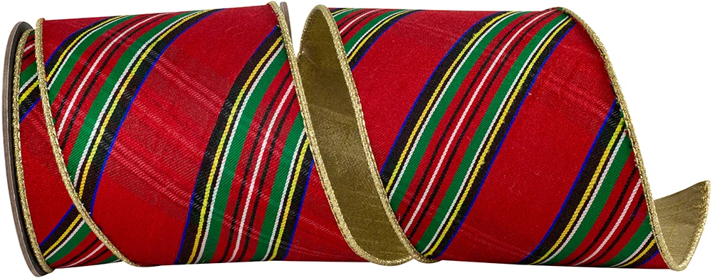 4" x 5 yards Deluxe Diagonal Plaid with Gold Backing Wired Ribbon